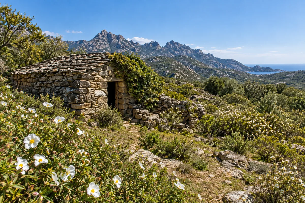 Ancienne bergerie en pierre sèche dans un maquis fleuri