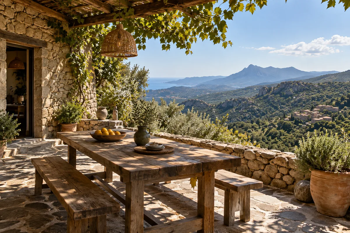 Terrasse ombragée d’une bergerie restaurée avec vue sur une vallée