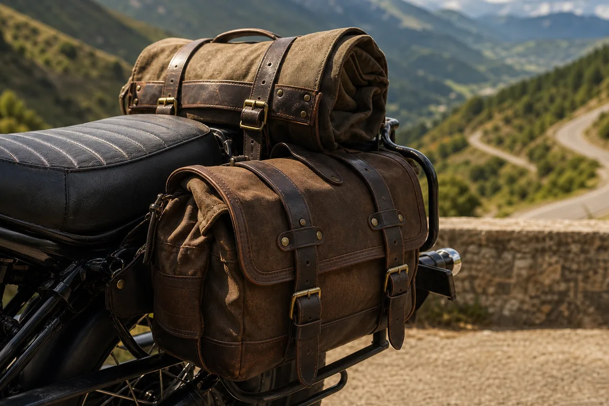 Sacoches en cuir posées sur la selle d&rsquo;une moto au bord d&rsquo;une route de montagne