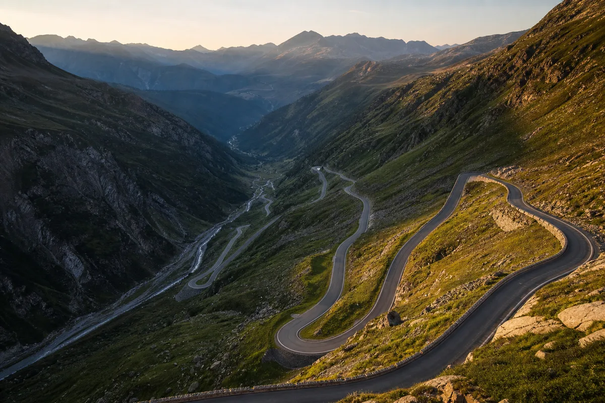 Col de montagne et route sinueuse vue de haut, lumière de fin de journée