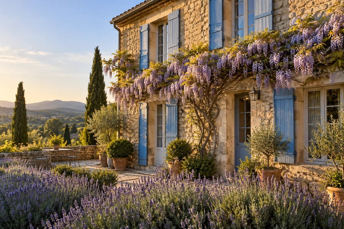 Façade d’une maison en pierre avec volets bleus et jardin fleuri