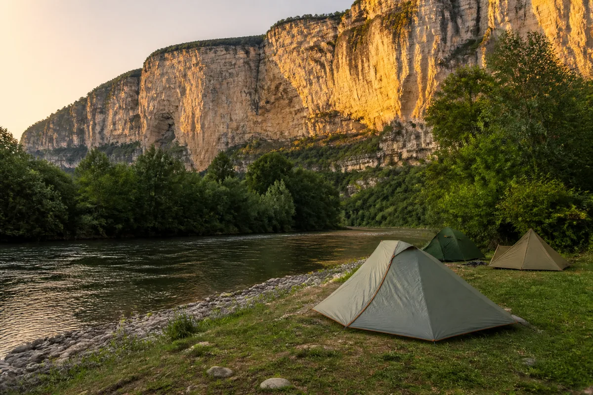 Plage de galets et tentes sur une aire de bivouac au bord de la rivière