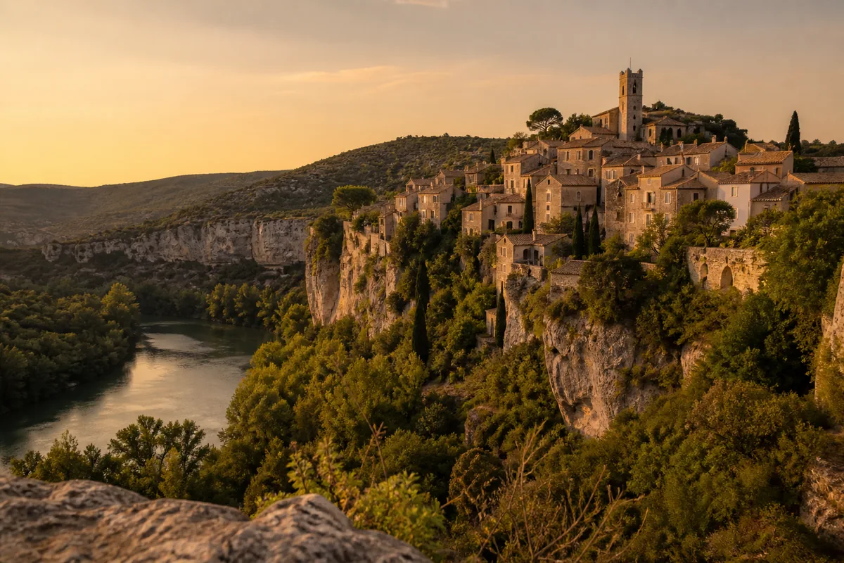 Village de pierre perché sur un promontoire rocheux au-dessus de la rivière