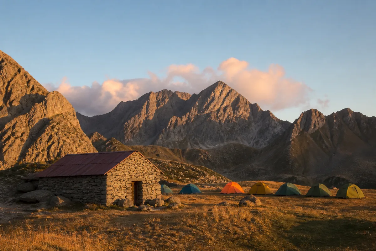 Refuge de montagne en pierre et tentes posées sur une aire de bivouac herbeuse au crépuscule
