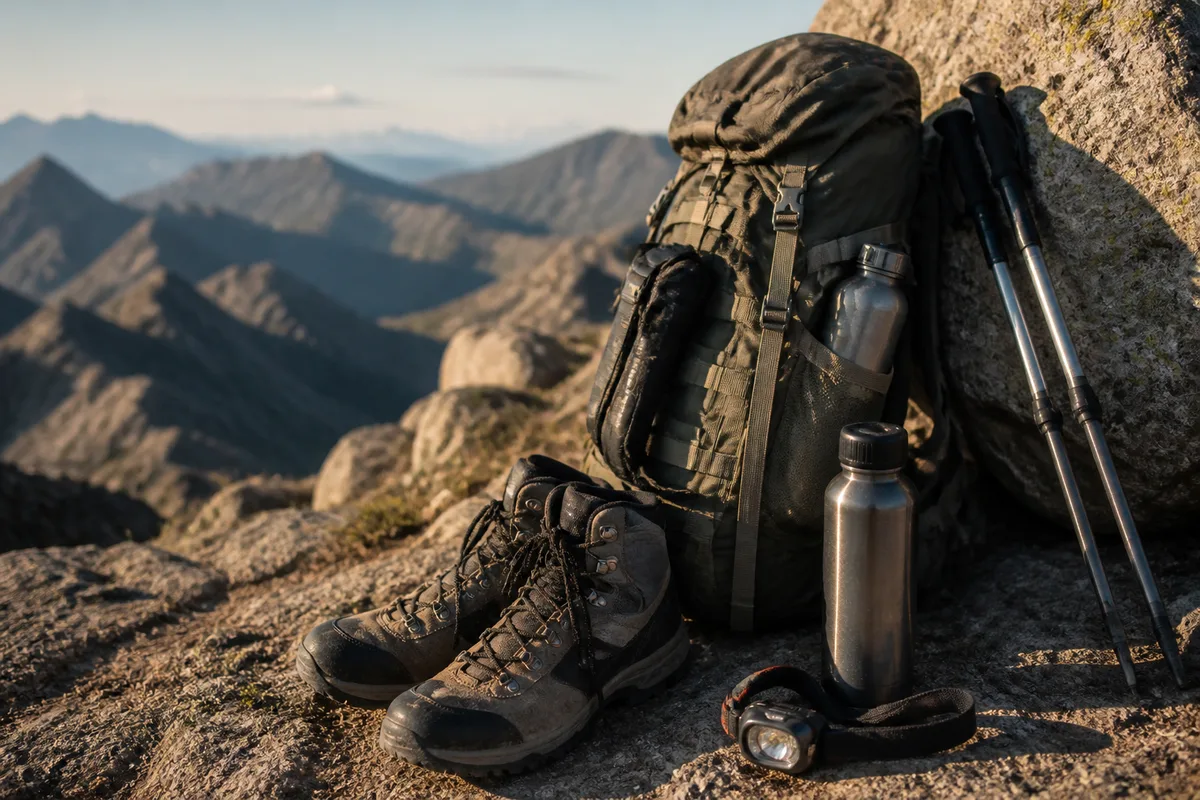 Sac de randonnée posé au sol avec bâtons et chaussures de montagne devant un panorama de crêtes