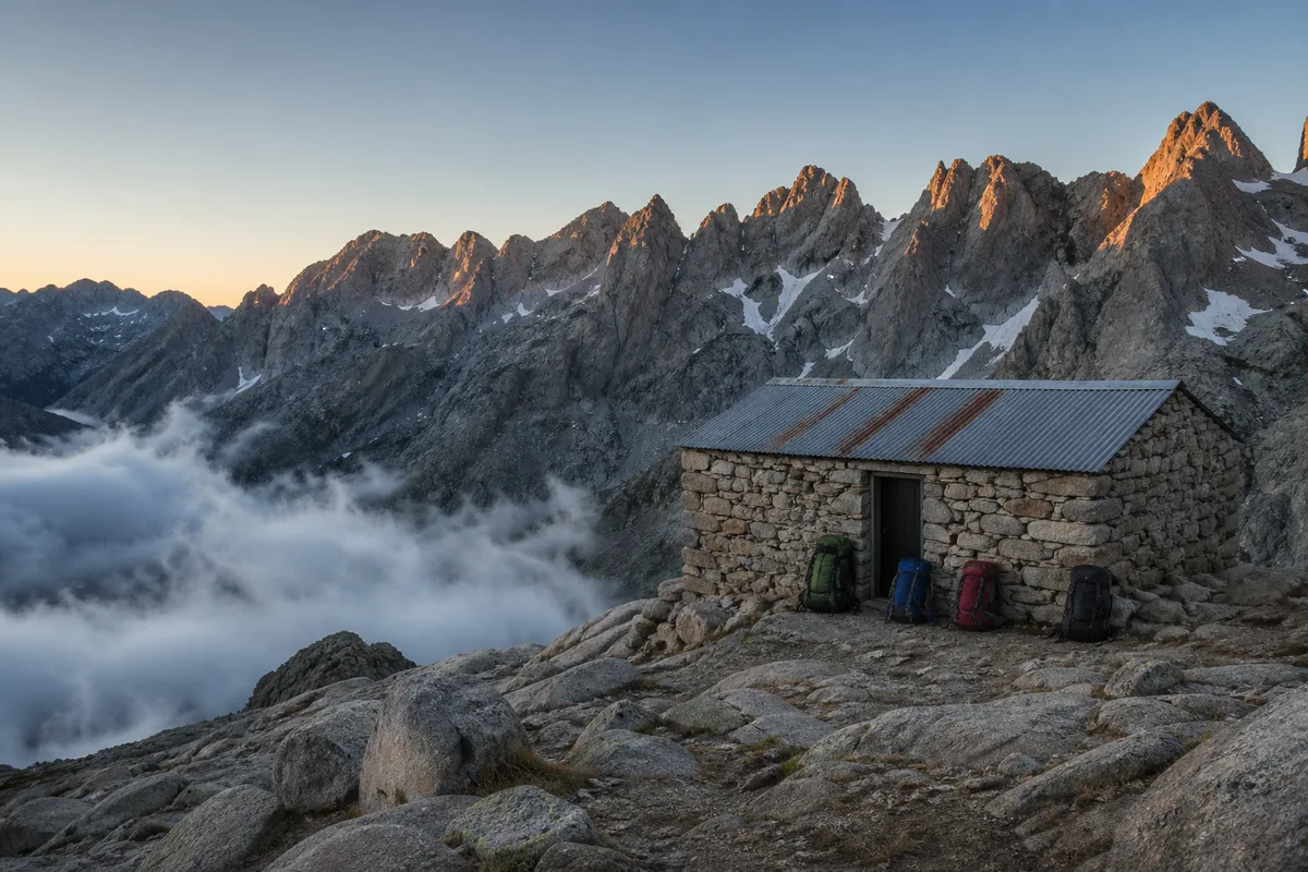 Refuge de montagne en pierre sur le GR20 au petit matin, brume sur les crêtes