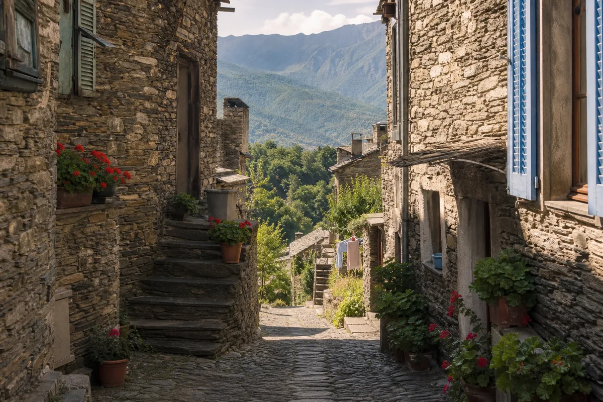 Ruelle de village corse en pierre avec volets colorés et vue sur les montagnes