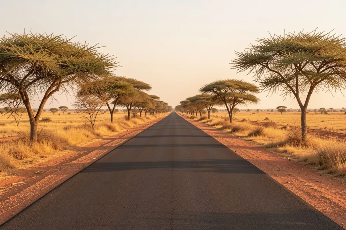 Route de campagne du Rajasthan bordée d’arbres sous une lumière de fin de journée