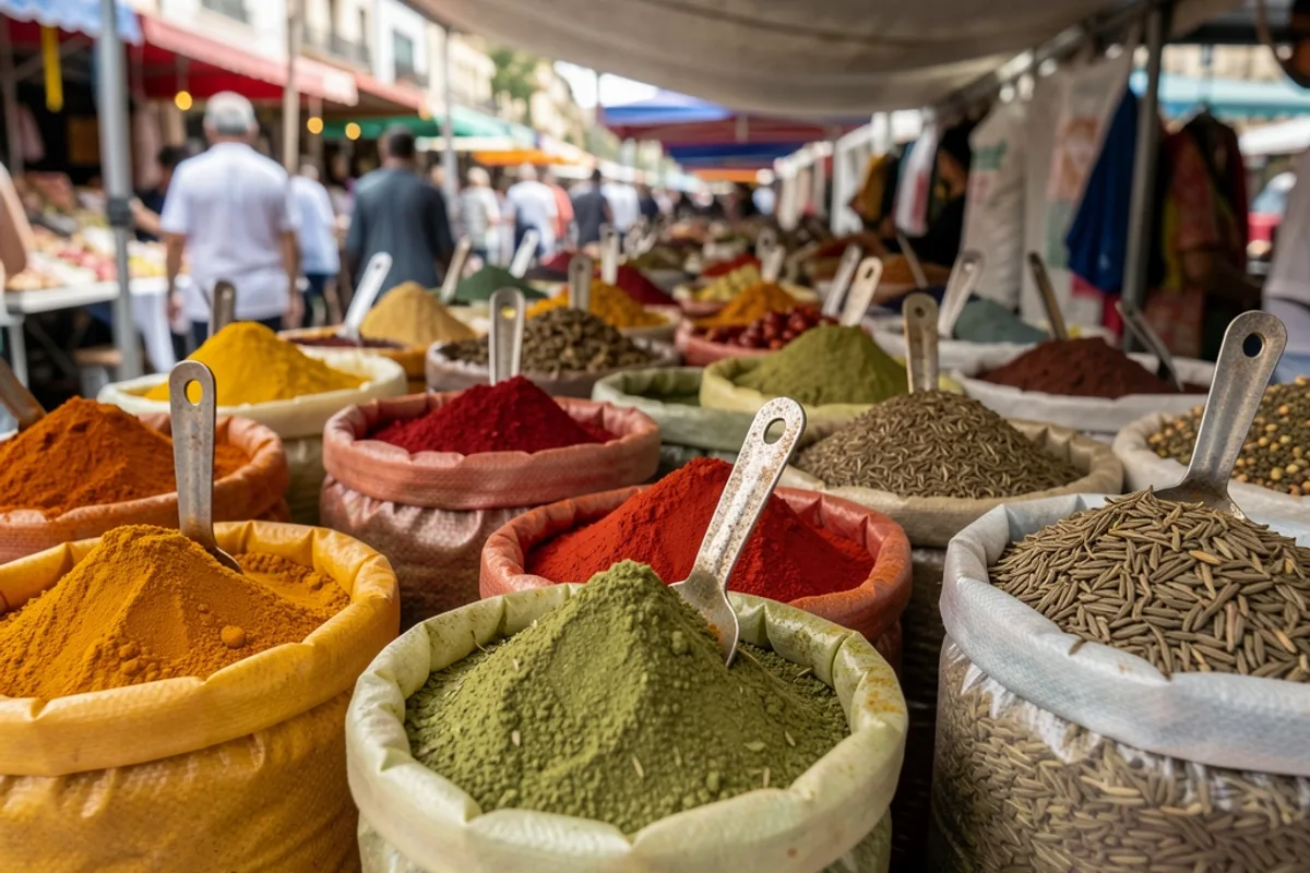 Étals d’épices colorées en plein air sur un marché rajasthanais