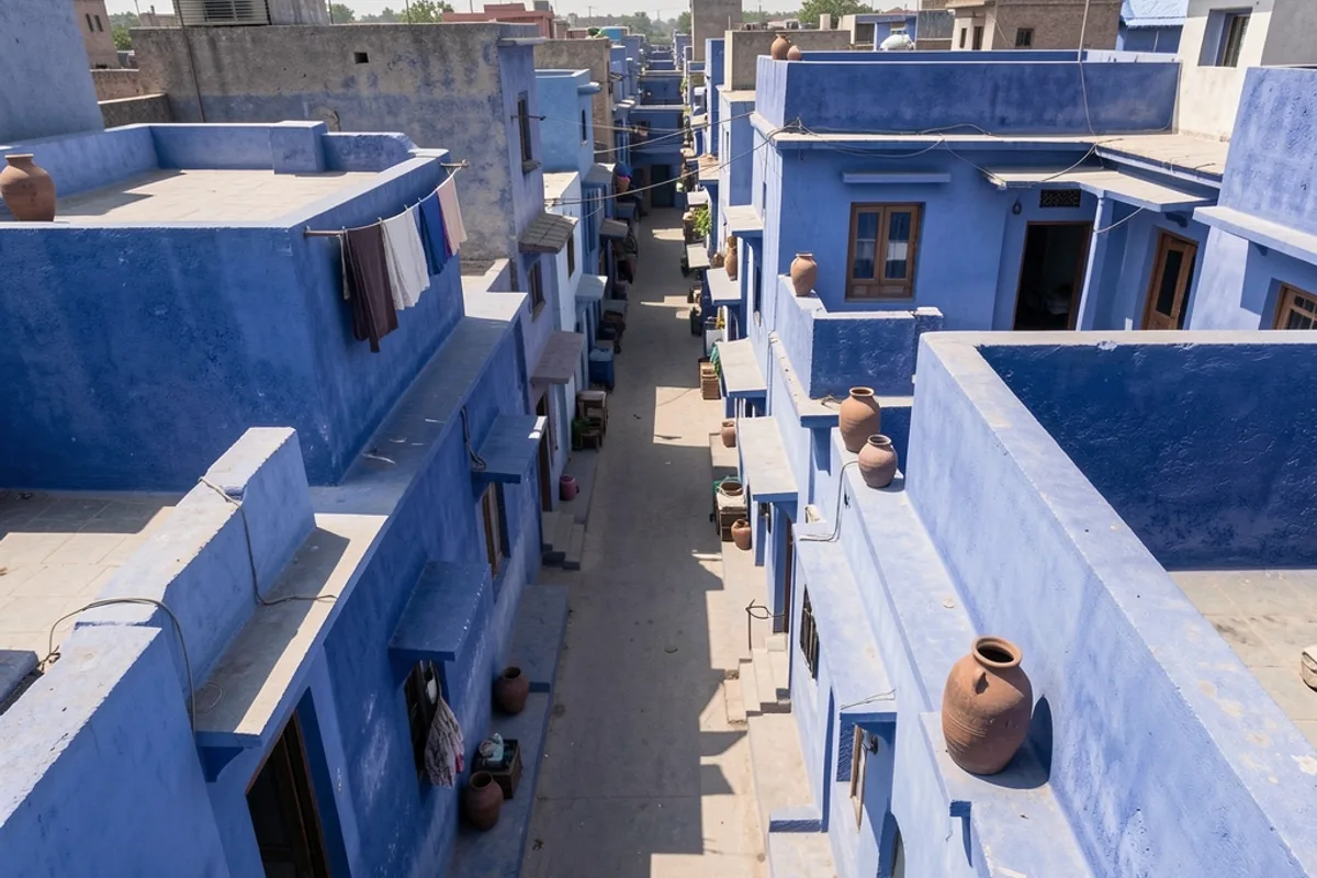 Ruelle bleue de la vieille ville de Jodhpur vue en plongée depuis les hauteurs