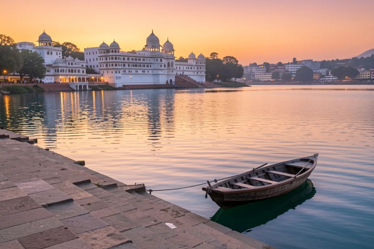 Lac et ghats d’Udaipur au crépuscule avec les palais reflétés dans l’eau