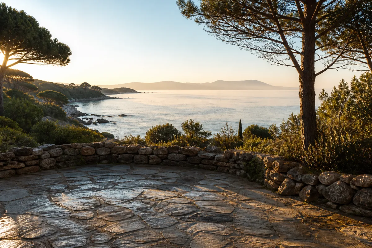 Terrasse en pierre sèche surplombant une baie corse au petit matin, lumière rasante