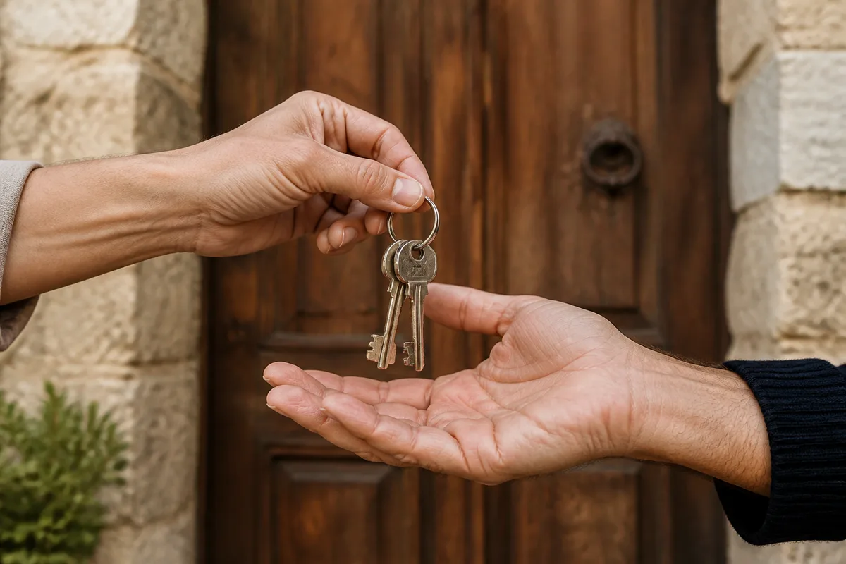Mains remettant un trousseau de clés devant une porte en bois d&rsquo;une maison de village corse