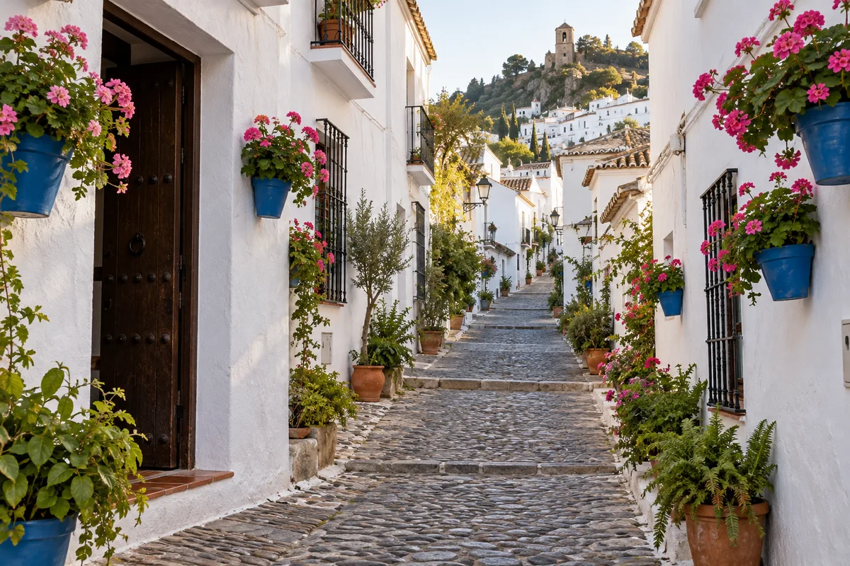 Ruelle chaulée d&rsquo;un village blanc andalou à flanc de colline, pots de fleurs bleus aux murs