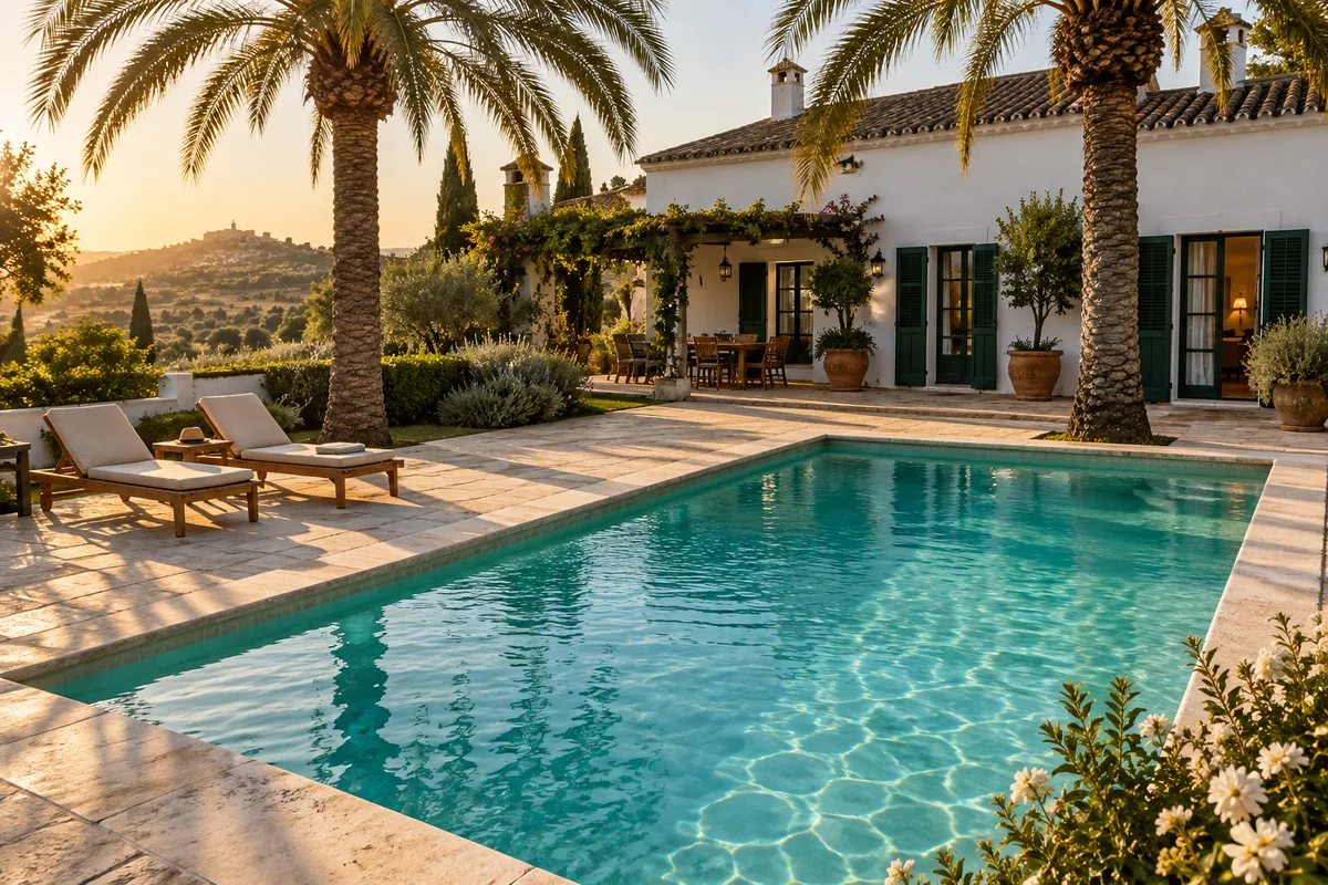 Piscine bordée de pierre claire d&rsquo;une maison de campagne andalouse sous les palmiers