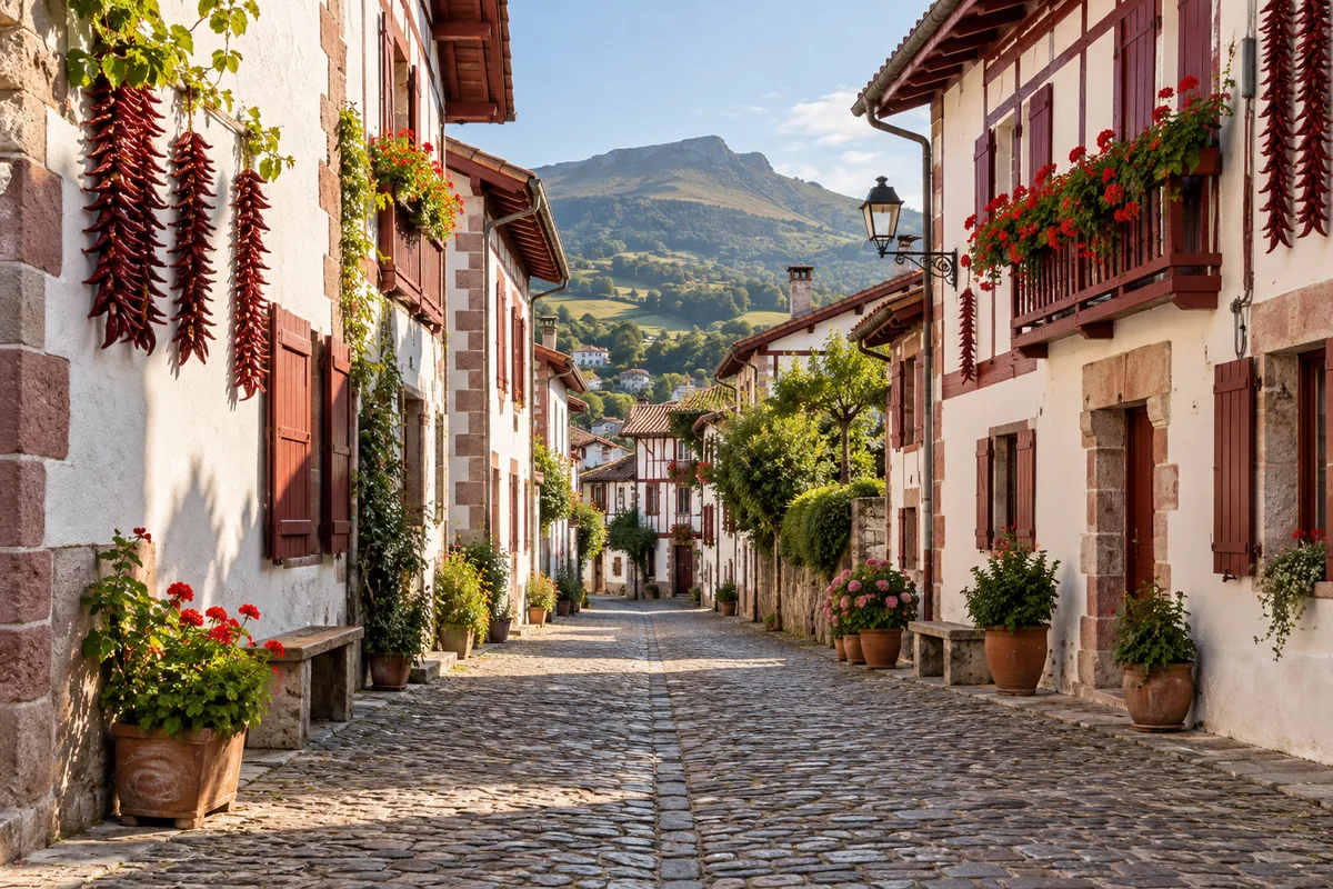 Rue d’un village basque aux maisons blanches à colombages et volets rouges, piments séchant sur une façade