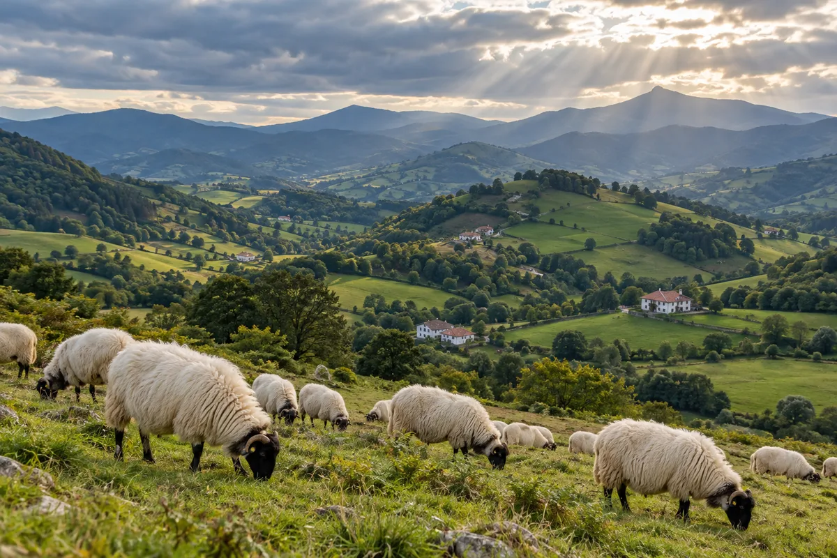 Collines vertes de l’intérieur du Pays basque avec des brebis au pâturage et des fermes blanches