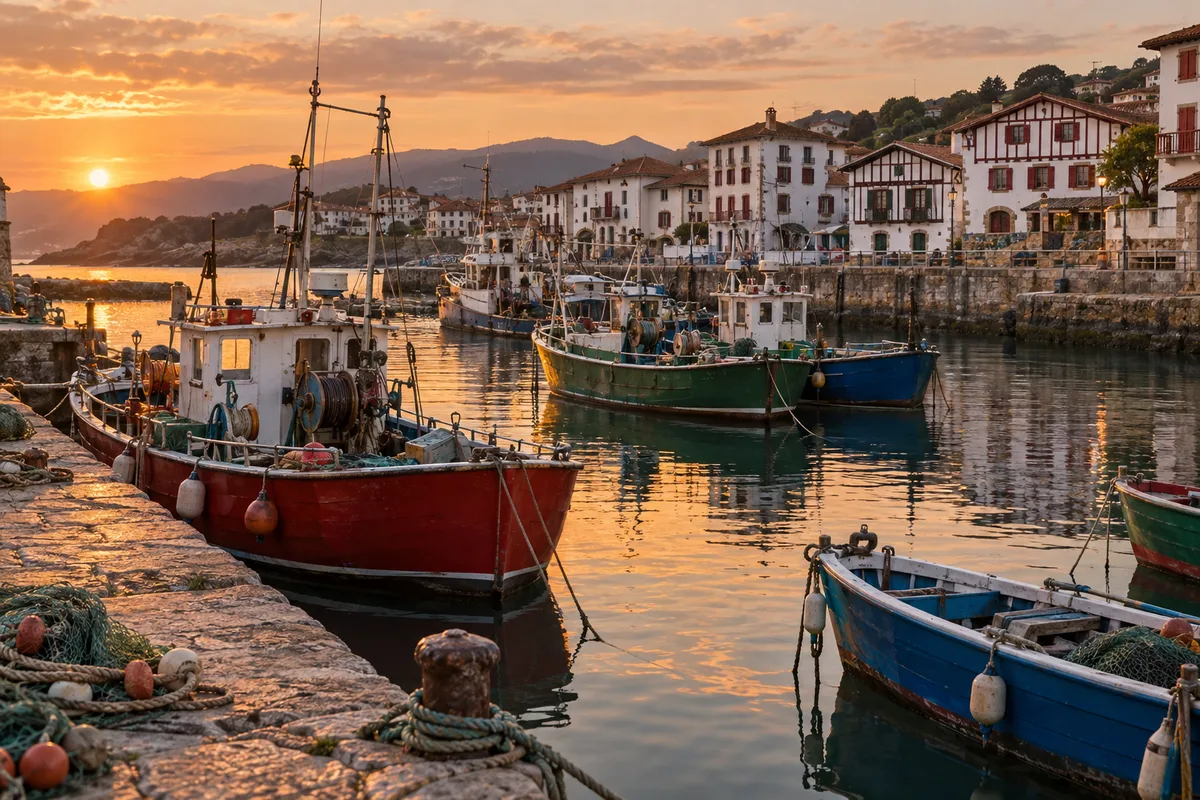 Bateaux de pêche colorés amarrés dans un port de la côte basque en fin de journée