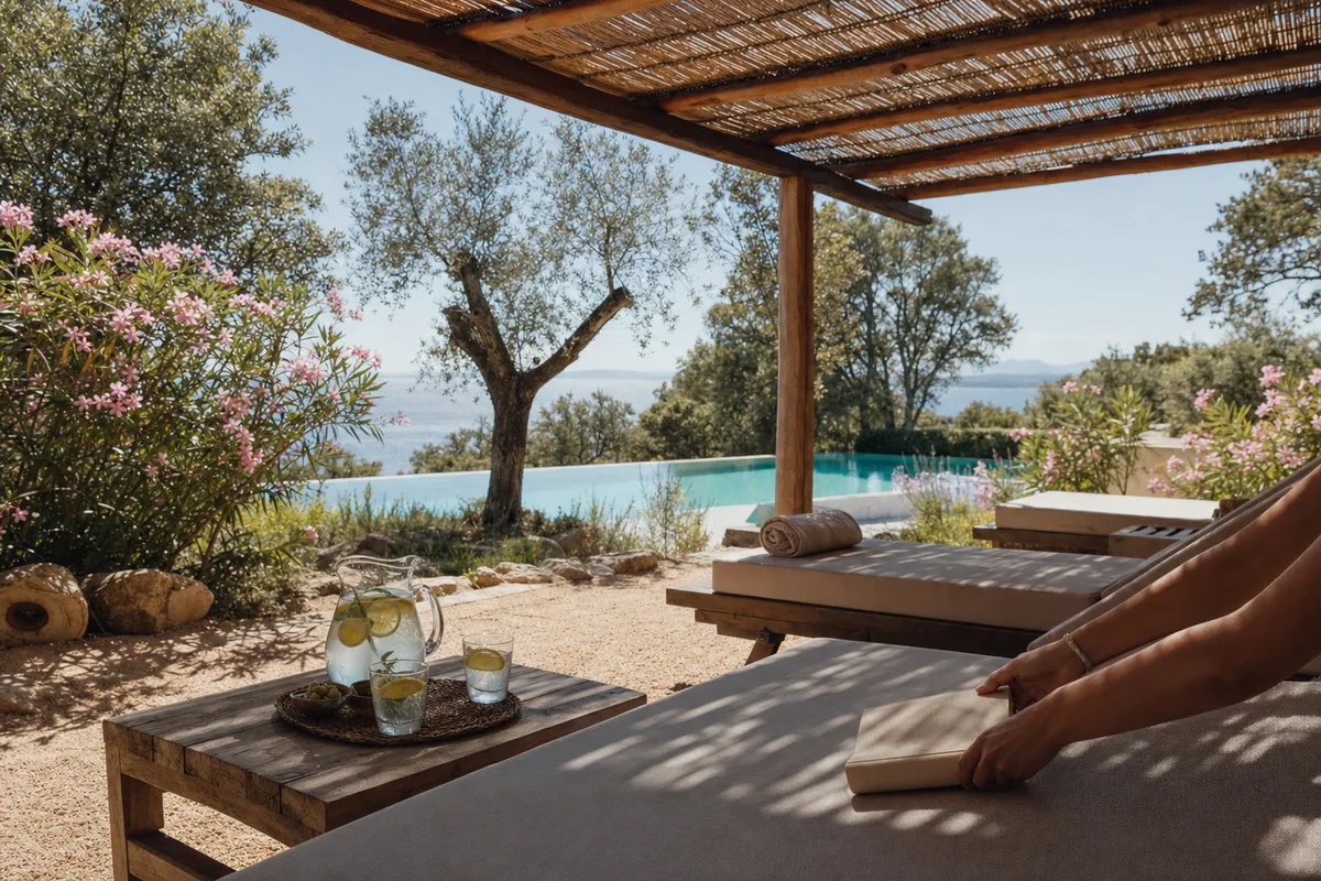 Terrasse ombragée d’un club de vacances corse avec piscine