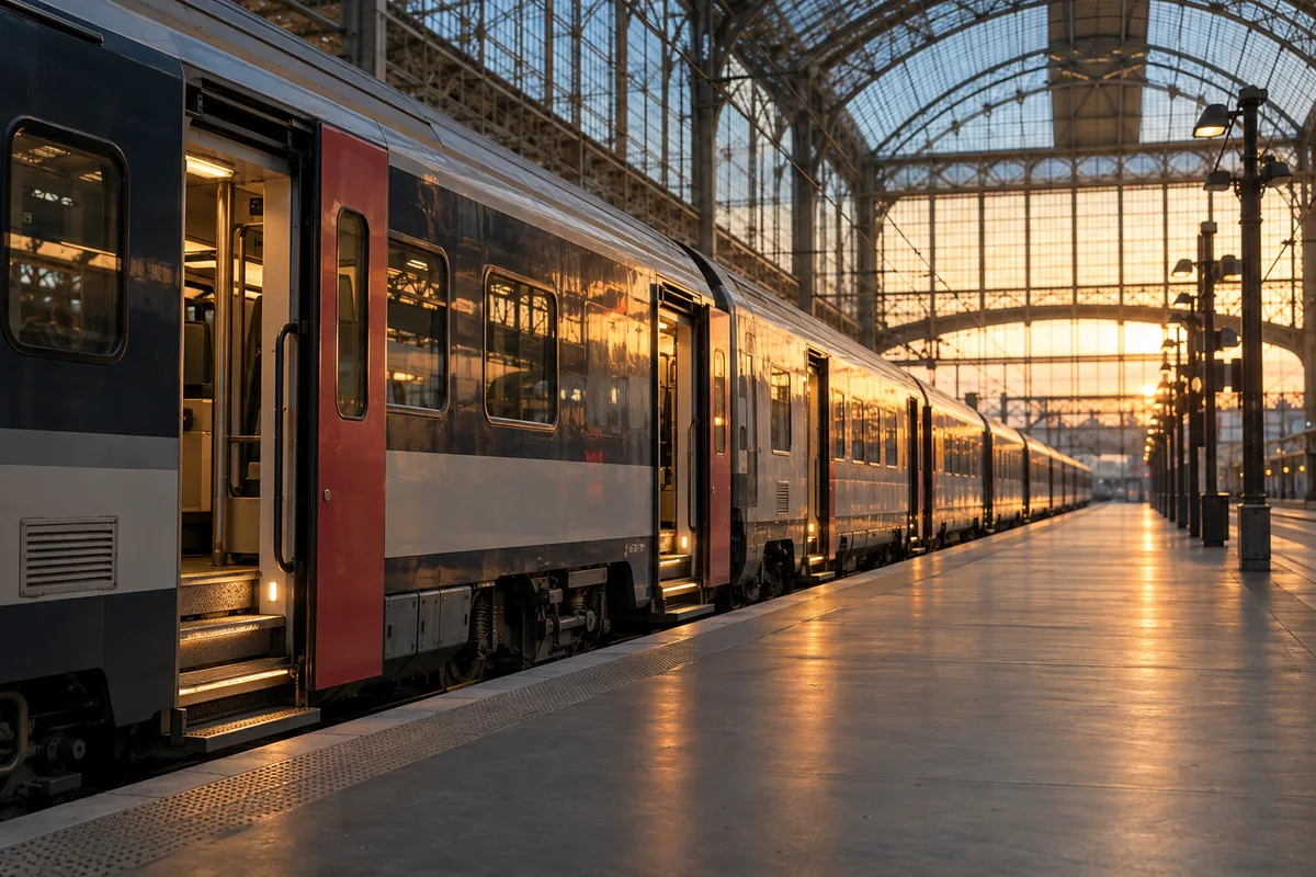 Rame de nuit à quai sous la verrière d’une grande gare parisienne, lumière chaude du soir