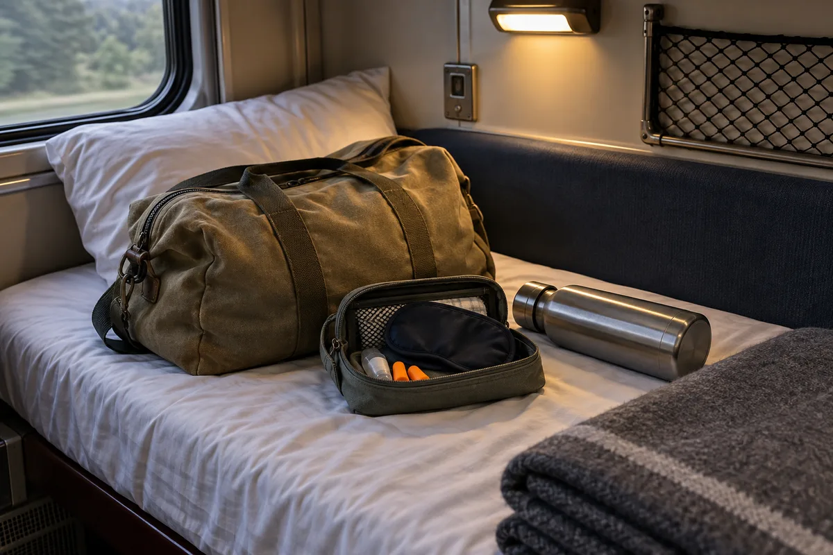 Sac de voyage souple et petite trousse posés sur une couchette de train, couverture pliée