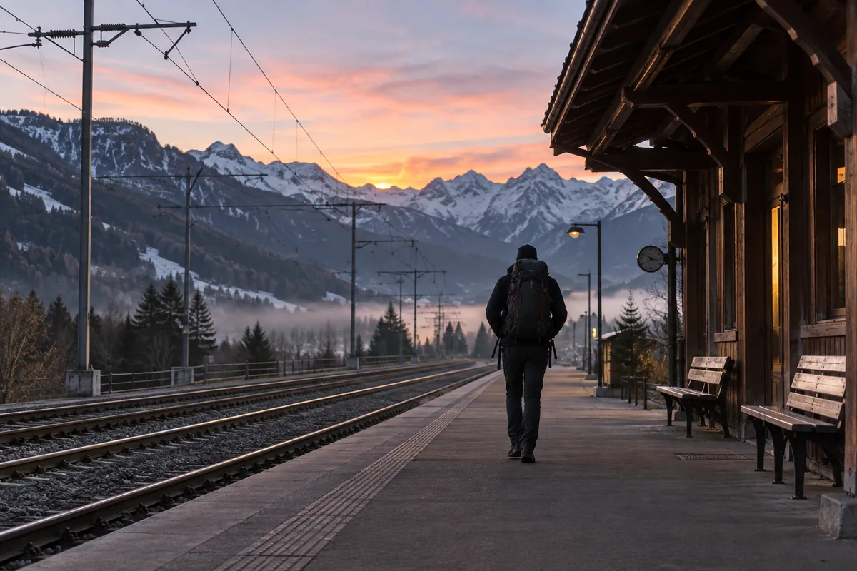 Voyageur de dos descendant sur un quai de gare de montagne à l’aube, sac à dos et sommets enneigés au loin