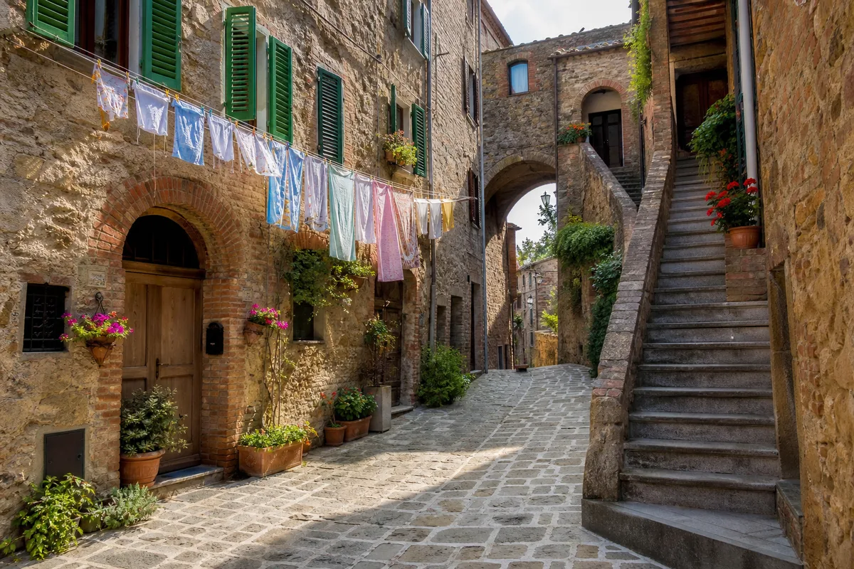 Ruelle pavée d’un village perché des Marches avec linge aux fenêtres