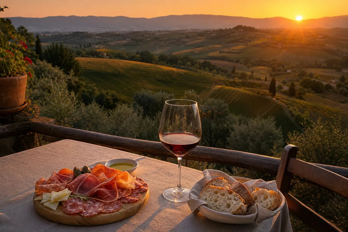 Table en terrasse avec vue sur les collines ombriennes au coucher du soleil
