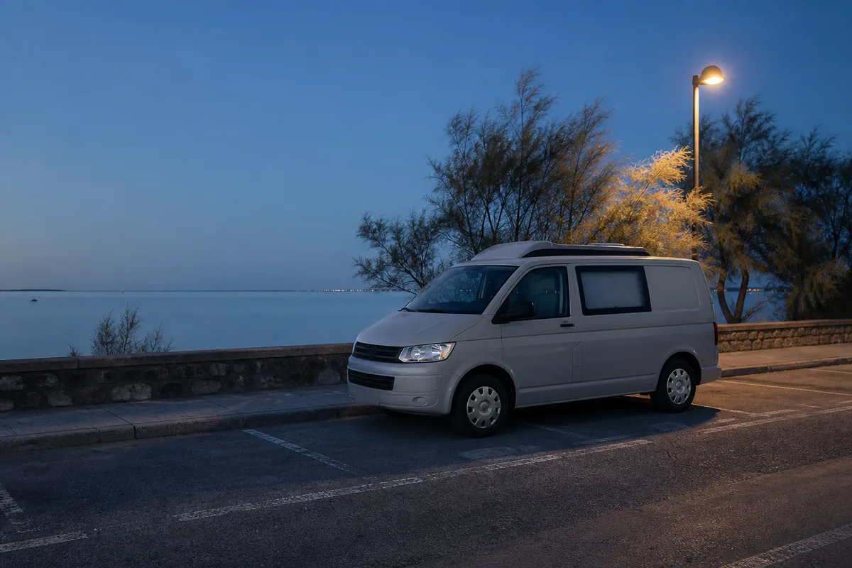 Van aménagé blanc stationné le soir sur un parking communal en bord de mer