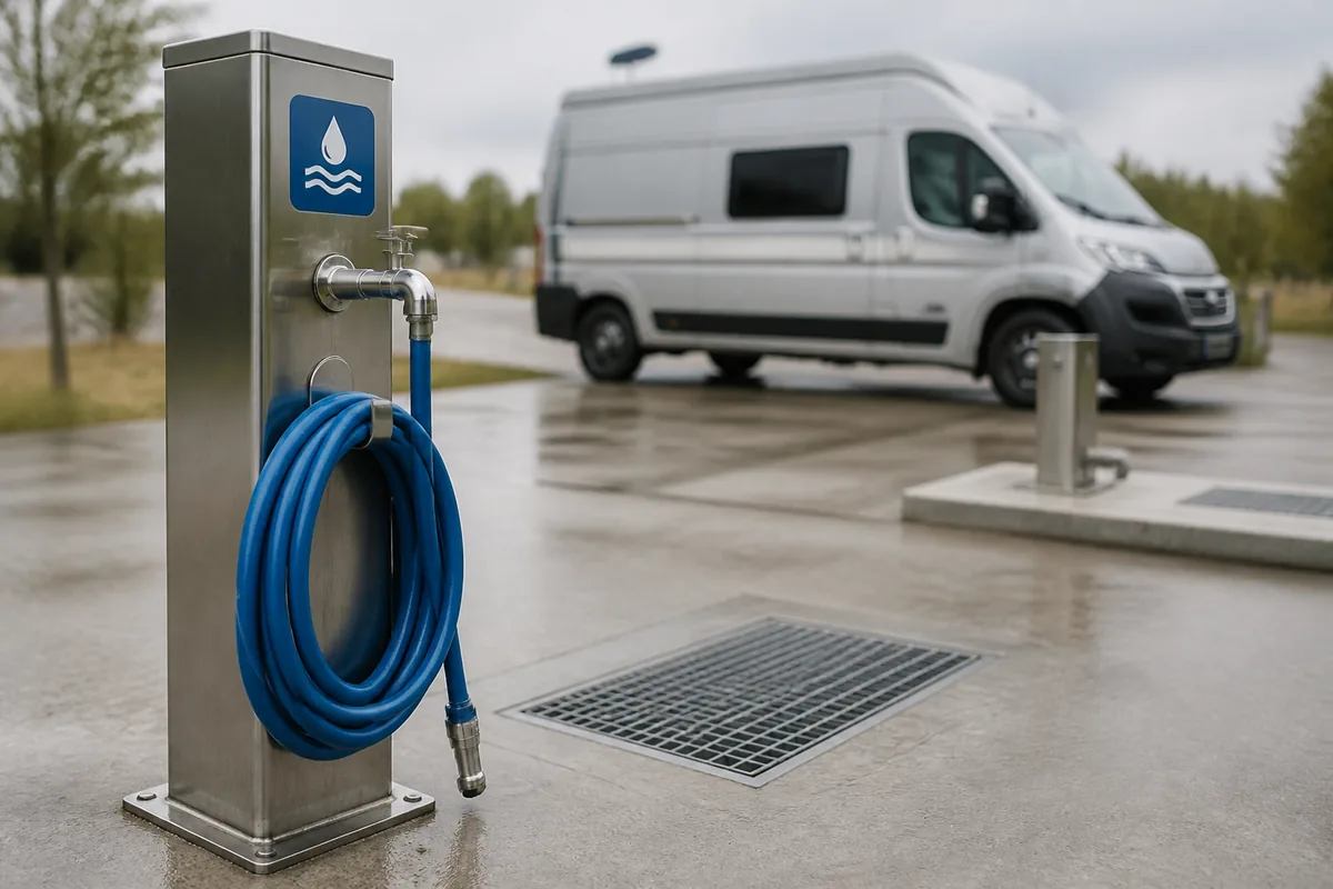 Borne de vidange et grille au sol sur une aire de services pour véhicules de loisirs