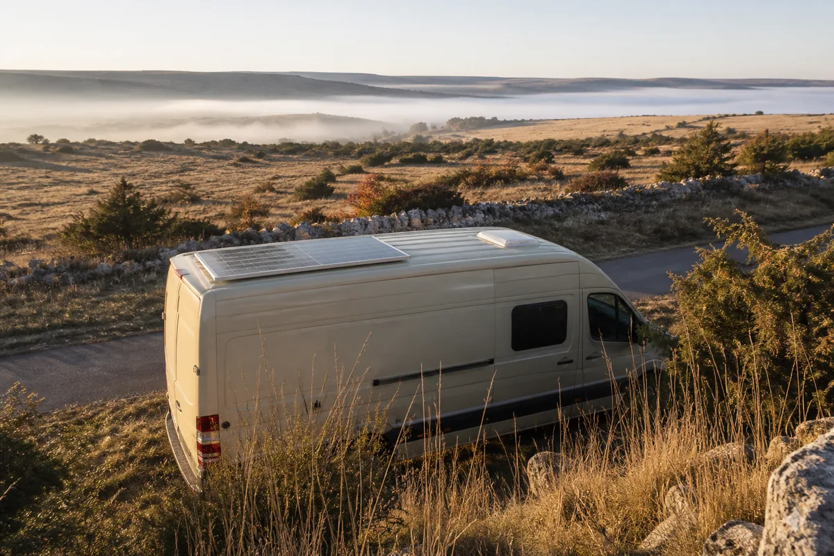 Van aménagé garé sur une route de causse en automne, panneau solaire visible sur le toit